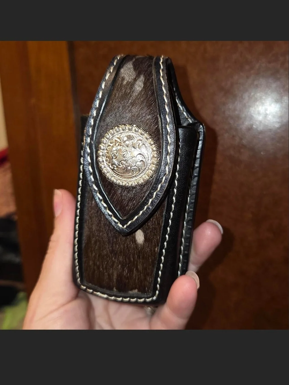 Leather & Hair-On Hide Belt Pouch with Silver Concho - Brown
